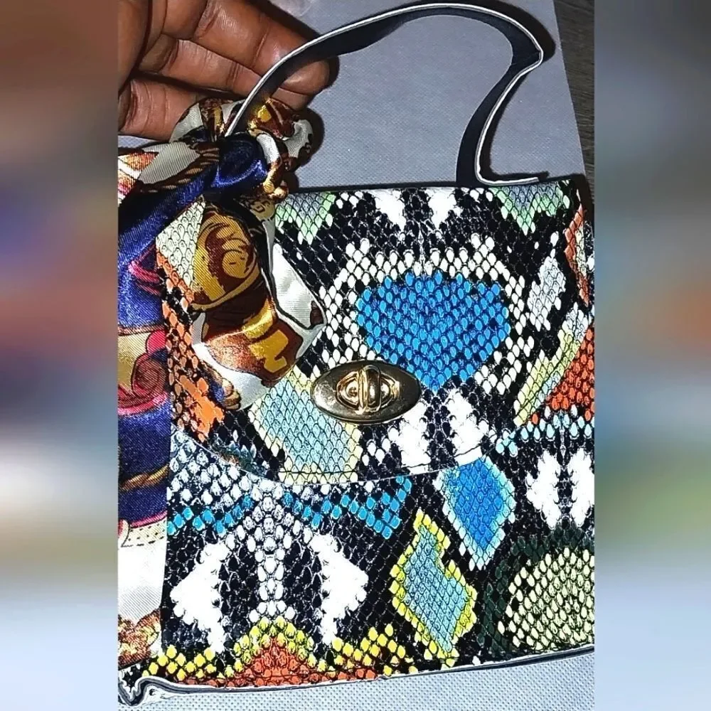 Women's Mini Snakeskin Embossed Handbag, Twilly Scarf Decor Flap Square Purse